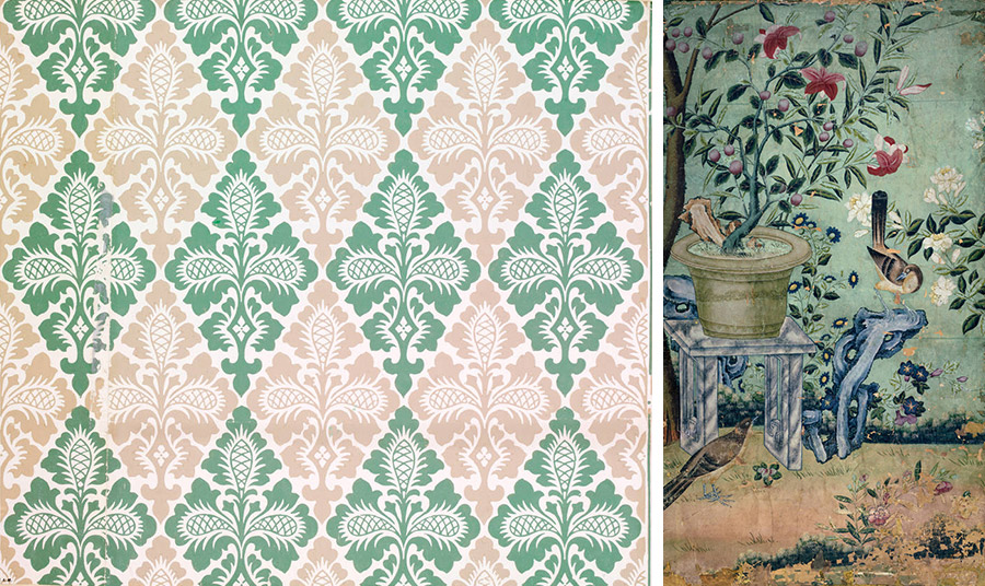 Τμήμα από ταπετσαρία με μοτίβο φυλλώματα, άγνωστου δημιουργού, περίπου το 1850 – 60 © VICTORIA & ALBERT MUSEUM LONDON // Τμήμα από κινεζική ταπετσαρία, περίπου 1750 – 1800, με πιθανή προέλευση από την Καντόνα, Κίνα  © VICTORIA & ALBERT MUSEUM LONDON