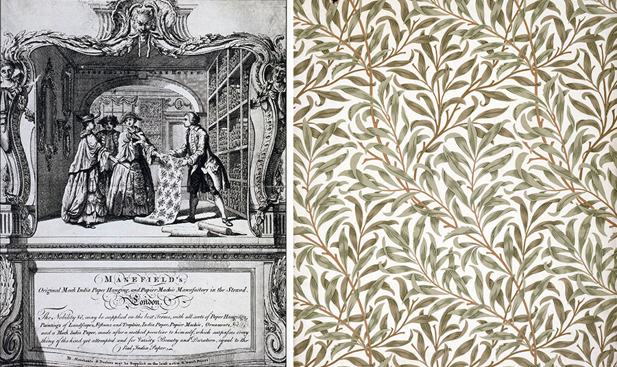 Η επαγγελματική κάρτα της εμπορικής επιχείρησης Richard Masefield London Wallpapers 1690 – 1840, του Treve Rosoman  © VICTORIA & ALBERT MUSEUM LONDON //  Ταπετσαρία της London Willow από τον William Morris, 1887, Αγγλία © VICTORIA & ALBERT MUSEUM LONDON