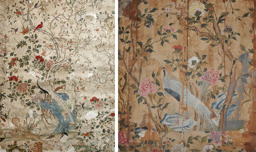 Θραύσμα από ξύλινο πάνελ με τυπωμένη κινεζική ταπετσαρία που ανακαλύφθηκε στο Uppark  PHOTO NATIONAL TRUST COLLECKTIONS UK // Koμμάτι κινεζικής ταπετσαρίας μερικώς συντηρημένο PHOTO thehistoryblog.com