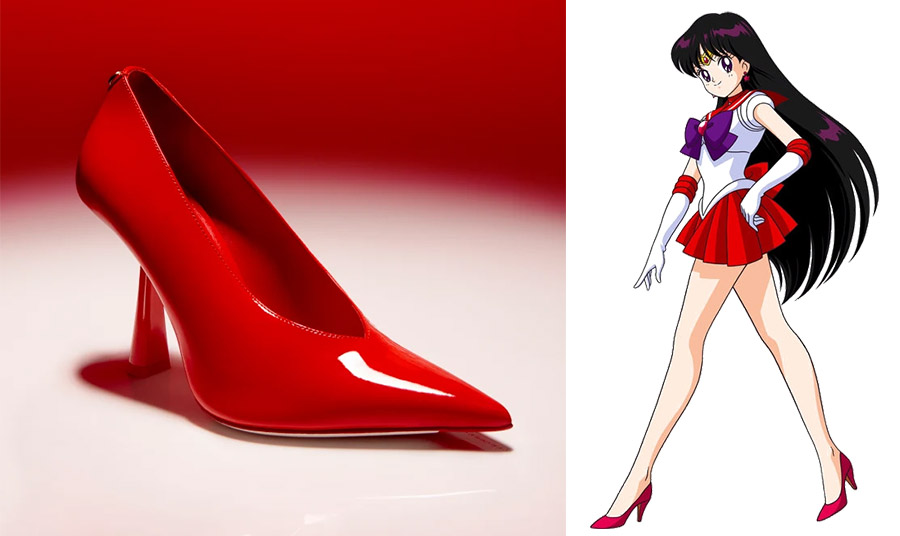 Τα κόκκινα ψηλοτάκουνα παπούτσια της Sailor Mars μεταφράζονται σε μια κομψή γόβα με έντονα μυτερές μύτες και ιδιαίτερο τακούνι 
