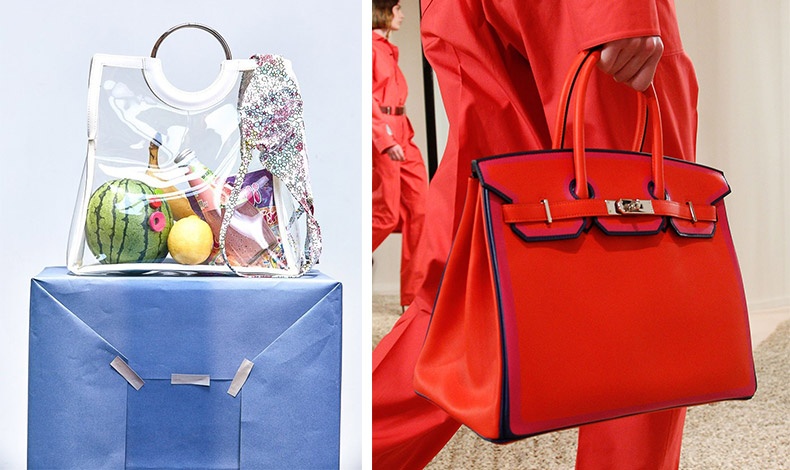 H διαφάνεια σε μία μεγάλη τσάντα, Majorelle // Κόκκινη τσάντα με μπλε λεπτομέρειες, Hermes