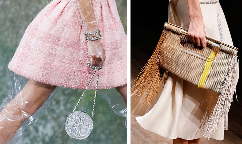 Mικρή στρογγυλή και διαφανής τσάντα, σαν κόσμημα, Chanel // Ψάθινη με κρόσσια, Salvatore Ferragamo