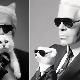 O Karl Lagerfeld με την πολυαγαπημένη του γάτα Choupette, στη φωτογράφιση για την εταιρεία καλλυντικών Shu Uemura