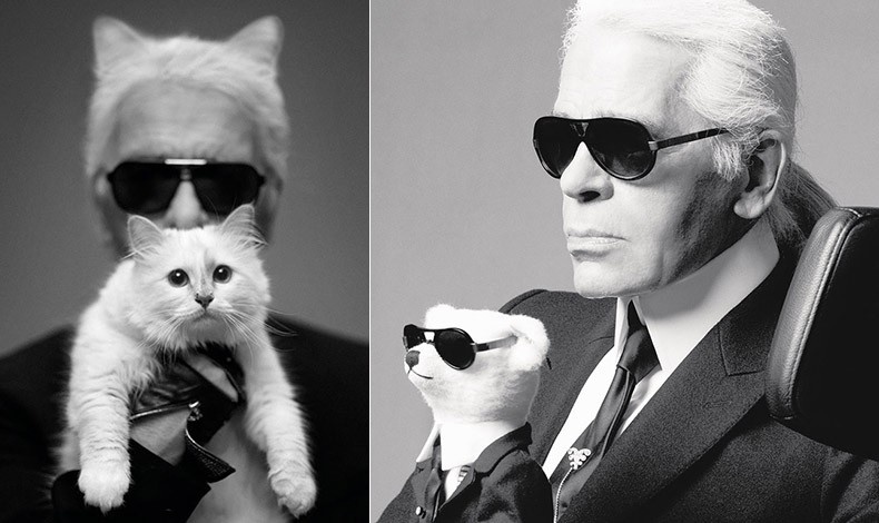 O Karl Lagerfeld με την πολυαγαπημένη του γάτα Choupette, στη φωτογράφιση για την εταιρεία καλλυντικών Shu Uemura