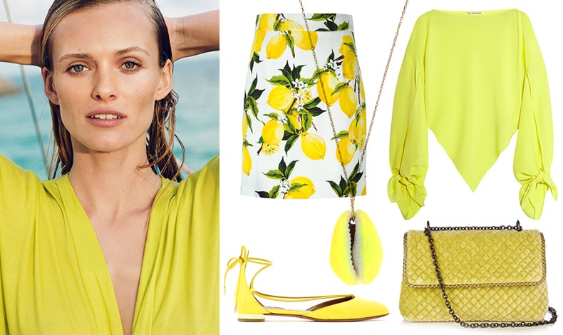 Στους τόνους του λάιμ, από το Beachwear Lookbook Zara, καλοκαίρι 2016 // Φούστα με prints λεμόνια, Dolce & Gabbana // Μακρυμάνικη μπλούζα, Balenciaga // Παντατίφ, Aure?lie Bidermann Fine Jewellery // Φλατ παπούτσι, Aquazzura // Τσάντα Bottega Veneta