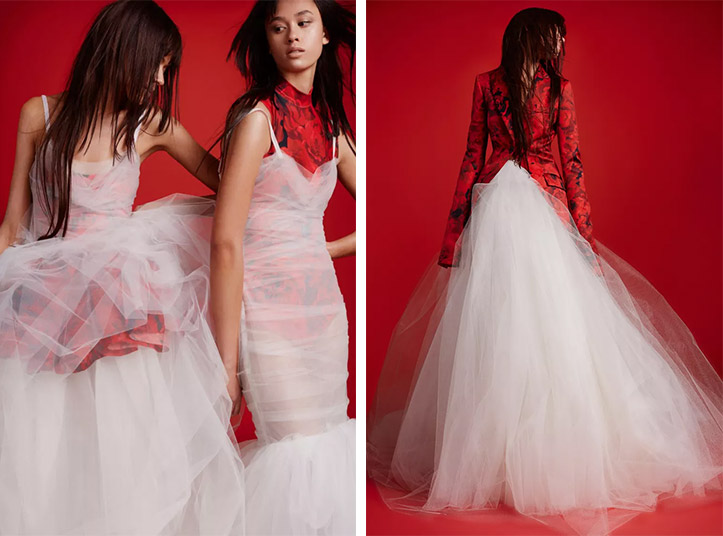 Χειροποίητο ντραπέ ιταλικό τούλι πάνω από μία μεταξωτή κόκκινη camisole (αριστερά) και το φόρεμα από ιταλικό τούλι σε γραμμή γοργόνας φορεμένο πάνω από λουλουδάτο πορφυρό κορμάκι με τριαντάφυλλα και ψηλή λαιμόκοψη, φθινόπωρο 2024  // Στράπλες φόρεμα με φούστα με λουλουδένια χειροποίητη λεπτομέρεια και γραμμή Α και εντυπωσιακό κόκκινο φλοράλ μπλέιζερ σατέν και ιταλικό τούλι για το φθινόπωρο 2024