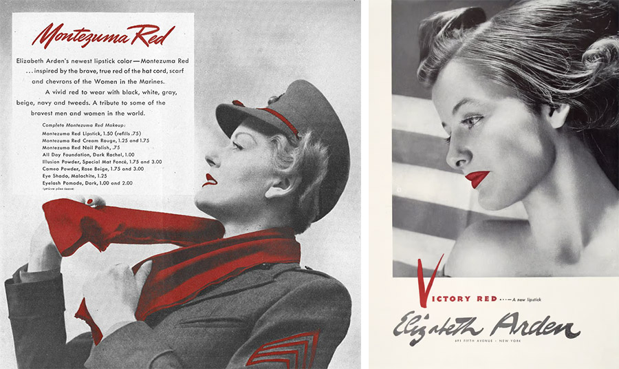 Διαφήμιση του κραγιόν «Μontezuma Red» Εlizabeth Arden με έμπνευση από το γενναίο αληθινό κόκκινο του κασκόλ και των διακριτικών των Γυναικών του Αμερικανικού Ναυτικού στον Β’ Παγκόσμιο Πόλεμο PHOTO ELIZABETH ARDEN // «Victory Red» Εlizabeth Arden στο τέλος του Πολέμου PHOTO VIA PINTEREST 