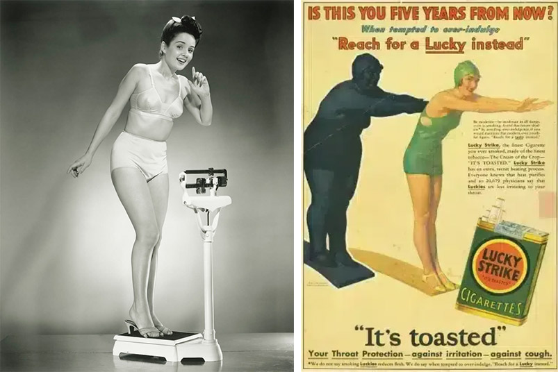 PHOTO RETRO WEIGHTS VIA PINTEREST // Διαφήμιση των τσιγάρων Lucky Strike για απώλεια βάρους με το κάπνισμα PHOTO WIKIMEDIA COMMONS 