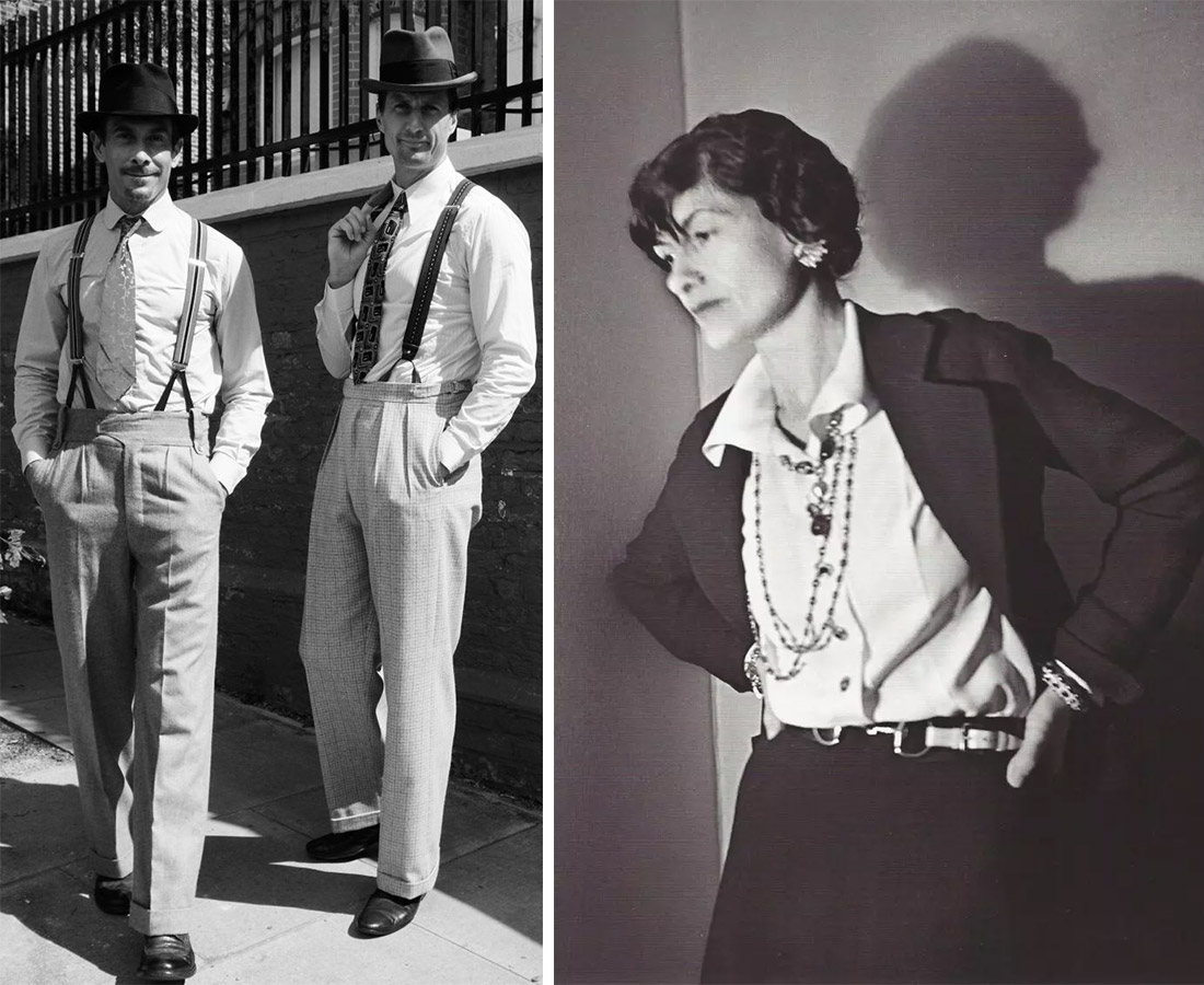 Tο λευκό πουκάμισο όπως το γνωρίζουμε σήμερα φοριόταν μόνο από άνδρες μέχρι τον 20ό αιώνα, κάτι που άλλαξε με σχεδιαστές όπως η Κοκό ΣανέλΆνδρες με λευκά πουκάμισα δεκαετία του 1930 (αριστερά) PHOTO VIA PINTEREST // Η Coco Chanel με λευκό πουκάμισο και πέρλες το 1936 (δεξιά) Crédit: Boris Lipnitzki PHOTO PINTEREST BING IMAGES