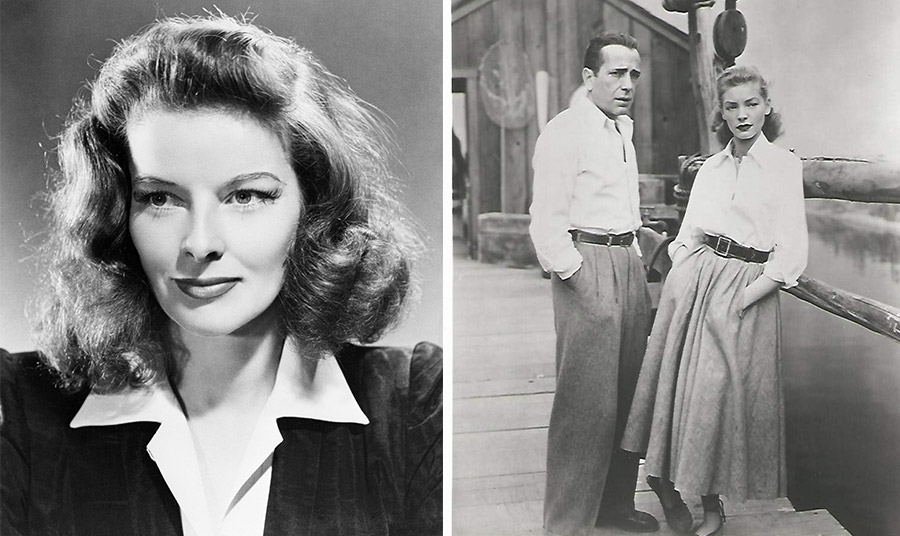 Η Κάθριν Χέπμπορν σε φωτογραφία διαφήμισης για τα κινηματογραφικά στούντιο το 1941 PHOTO WIKIPEDIA 1941 // Η Λορίν Μπακόλ με τον Χάμφρεϊ Μπόκαρτ με χαρακτηριστικά λευκά πουκάμισα σε σκηνή από την ταινία «Key Largo» PHOTO AMAZON