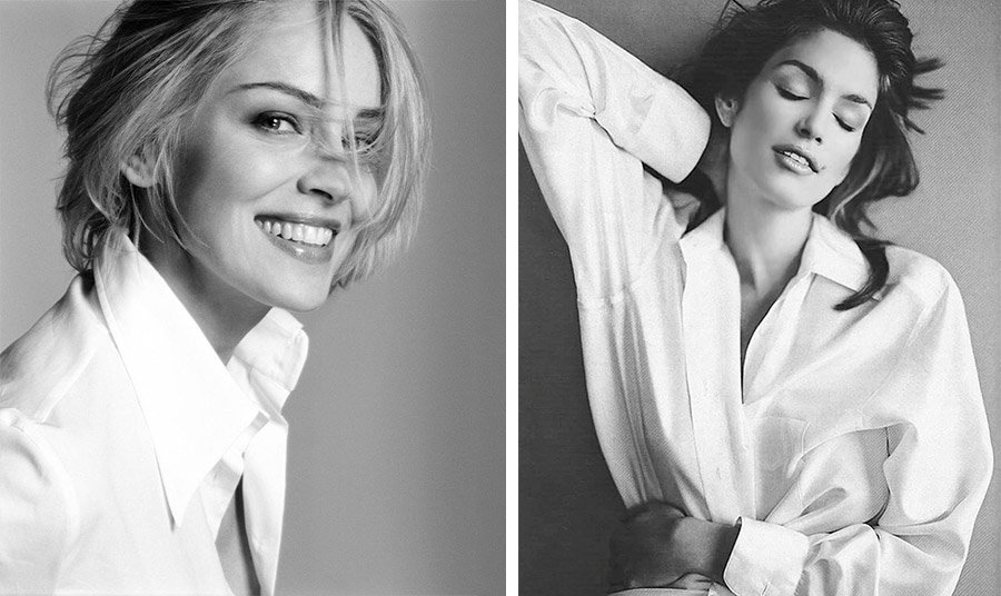 Δύο διάσημες με λευκό πουκάμισο σε διαφορετικές εκδοχές: Η Σάρον Στόουν και η Σίντυ Κρόφορντ PHOTOS VIA PINTEREST