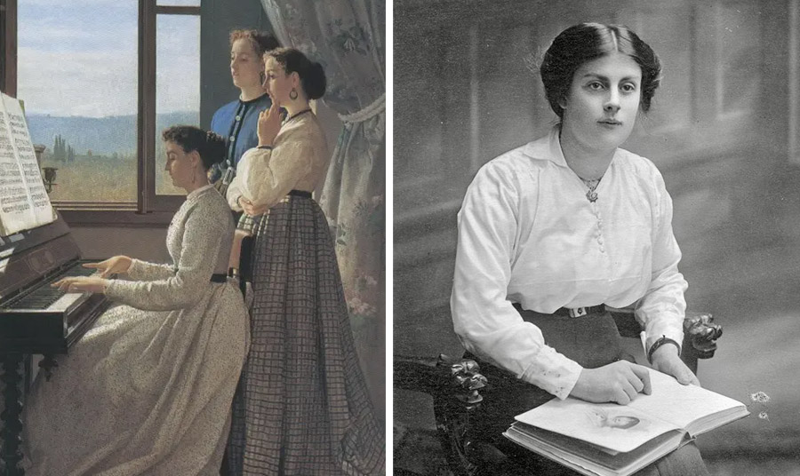 Πίνακας, «Τhe song»,  του Silvestro Lega1867, PITTI GALLERY ΦΛΩΡΕΝΤΙΑ // Γυναίκα με ανοιχτό βιβλίπ φορώντας λευκό πουκάμισο και μαύη φούστα στις αρχές του 20ού αιώνα PHOTO RPRC