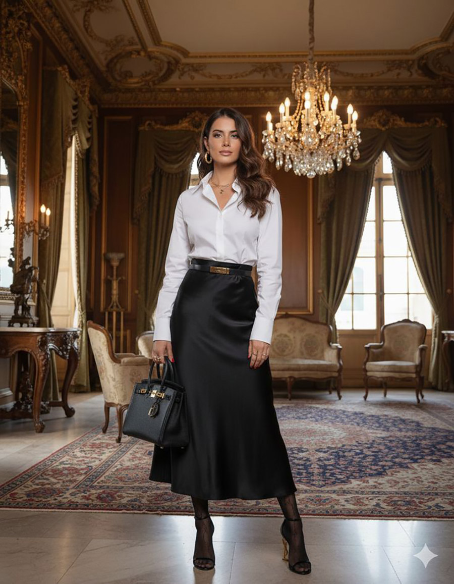 Λευκό πουκάμισο και σατέν φούστα για all time classic στυλ! PHOTO VIA PINTEREST