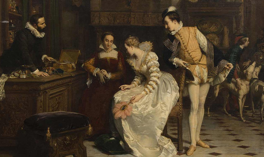 Η Jeanne d'Albret, με τον γυιο της Ερρίκο της Ναβάρας και την Μarguerite de Valois, σε επίσκεψή τους στον René, αρωματοποιό της Αικατερίνης των Μεδίκων για να αγοράσει γάντια με δηλητήριο, Pierre-Charles Comte, 1852-1858, ιδιωτική συλλογή PHOTO WIKIPEDIA