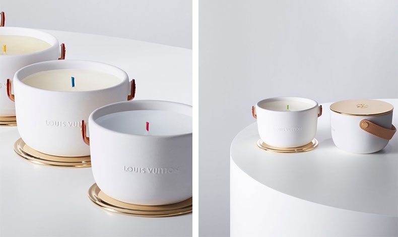 Τα κεριά βρίσκονται μέσα σε λιτά λευκά κεραμικά που σχεδίασε ο διάσημος ντιζάινερ Marc Newson συνδυασμένα με χρυσά καπάκια, ενώ τα φυτίλια τους είναι βαμμένα σε διάφορα χρώματα