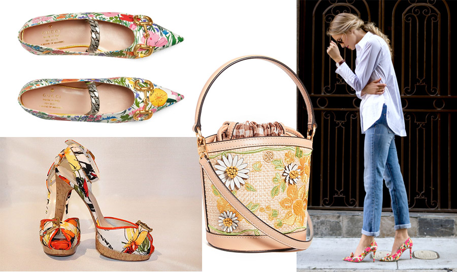 Φλατ παπούτσια με λουλούδια, Gucci // Ψηλοτάκουνα πέδιλα, με λουλούδια σε πορτοκαλί και κίτρινο της μόδας, Stuart Weizmann // Ψάθινη τσάντα με απλικέ μαργαρίτες, Tory Burch