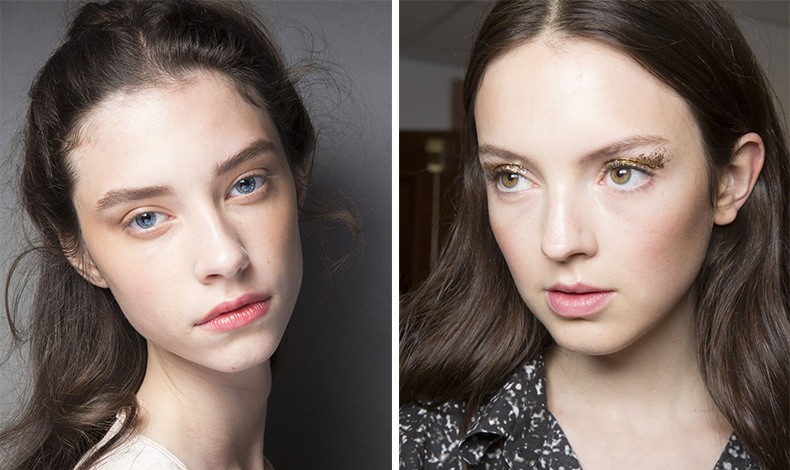 Η τάση no makeup επεκτείνεται και στα μάτια, με την απουσία μάσκαρας // Στον αντίποδα, ελαφριά στρώση μάσκαρα και χρυσαφί glitter στα βλέφαρα