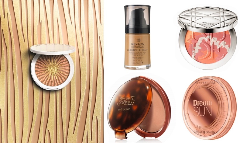 H φετινή συλλεκτική Terracota, Τerre d? ?t?, Guerlain // Mέικαπ Golden Beige 008, Revlon // H συλλεκτική πούδρα Coral Sunset, Dior // Mπρονζέ πούδρα από την καλοκαιρινή συλλογή Bronze Goddess, Estée Lauder // Mπρονζέ πούδρα, Dream Sun, Maybelline