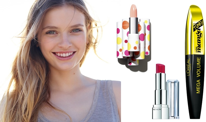 © Clarins // Για τέλεια ενυδατωμένα χείλη, Joli Baume, Clarins // Κραγιόν Bold Dahlia, Revlon // Mάσκαρα για εκρηκτικό όγκο Punky, L'Oréal Paris