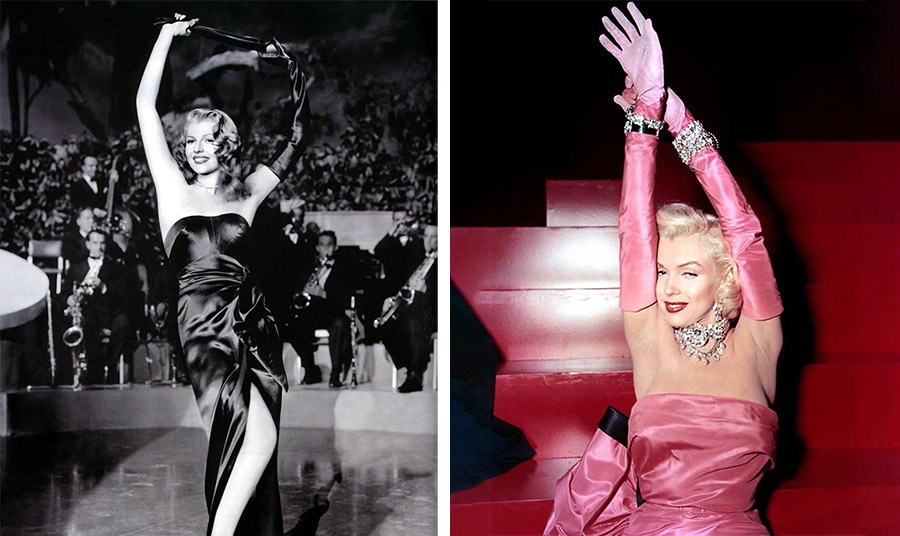 Δύο αθάνατες σκηνές! Η  Ρίτα Χέιγουρθ να βγάζει σαγηνευτικά το μαύρο γάντι της στην ταινία «Gilda» και η Μέριλιν Μονρόε στην ταινία «Οι άνδρες προτιμούν τις ξανθές» με το ροζ μεταξωτό στράπλες φόρεμα και τα ασορτί opera gloves διακοσμημένα με κοσμήματα