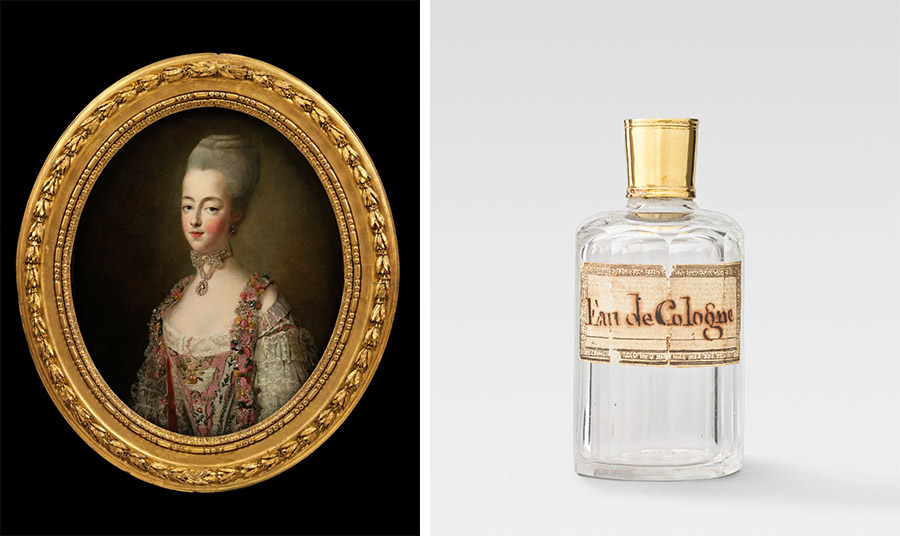 Portrait of Marie-Antoinette Queen of France in a court dress. Oil-painting Francois Hubert Drouais 1773 © Victoria and Albert Museum London // Κρυστάλλινο μπουκάλι Εau de Cologne από το ταξιδιωτικό νεσεσέρ  της Μαρίας Αντουανέτας ©Grand Palais+RMN Μusée du Louvre (Michel Urtado)
