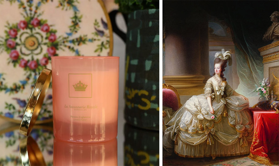 Αρωματικό κερί από ροδοπέταλα  Pétales d'églantine fragrance από τη La Savoneerie Royale Versailles  // Το άρωμα της Μαρίας Αντουανέτας ήταν αξέχαστο. Κάποιοι έλεγαν ότι ήταν πολύ αξέχαστο Πίνακας της Élisabeth Vigée Le Brun « Marie Antoinette in Court Dress», 1778, Kunsthistorisches Museum, Vienna. Public domain image