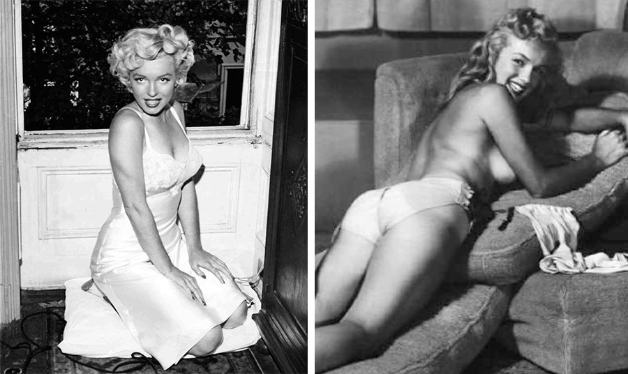 Η Μονρόε έγινε διάσημη ως η ξανθιά σεξοβόμβα, αγαπημένο pin up για το αδηφάγο ανδρικό κοινό. Κοιτώντας προκλητικά τον φακό στο σπίτι της γύρω στο 1950 // Ημίγυμνη φωτογράφηση το 1948 