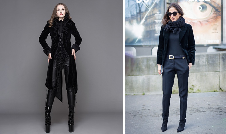 Mαύρο πάνω στο μαύρο για εντυπωσιακή εμφάνιση! Φορέστε ένα παλτό ή σακάκι από βελούδο μα δερμάτινο ή υφασμάτινο παντελόνι και τις μπότες σας