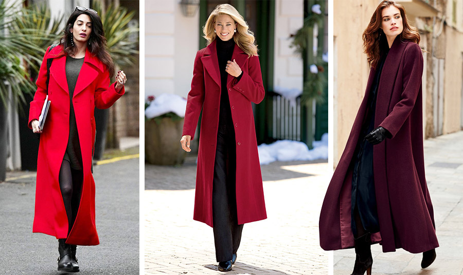 Η Αμάλ Κλούνεϊ με κόκκινο μακρύ παλτό πάνω σε μαύρο «καμβά». Κομψή και θηλυκή // Στην απόχρωση του κόκκινου της Βουργουνδίας με μαύρο ζιβάγκο και παντελόνι, ένα απόλυτα ladylike look // Σε βυσσινί και χυτή γραμμή για όλες τις ώρες 