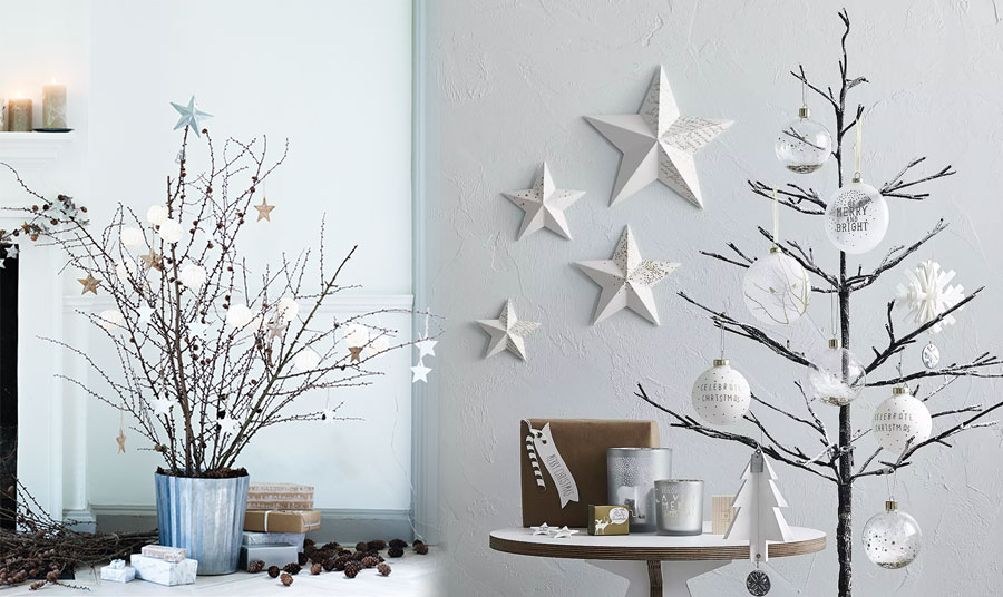 Λευκά, πινελιές χρυσού, φυσικά κλαδιά και κουκουνάρια, λεπτεπίλεπτα φτερά και διαφάνειες αλλά και πολλά πολλά αστέρια καλωσορίζουν τα Χριστούγεννα… με μίνιμαλ στιλ