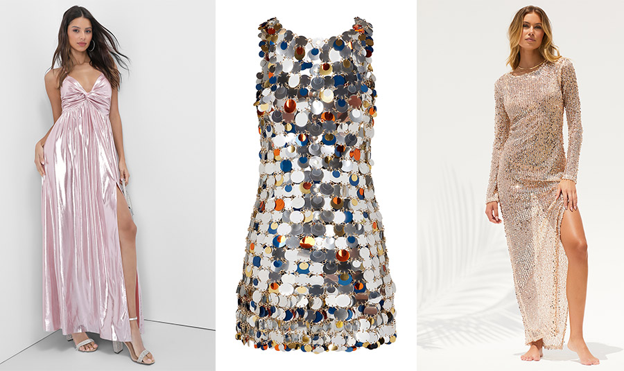 Ένα μάξι φόρεμα με γυαλιστερό ύφασμα ή στολισμένο με παγιέτες είναι κατάλληλο… για γοργόνες // Γεμάτο μεγάλες παγιέτες μίνι φόρεμα, Paco Rabbane (στο κέντρο)