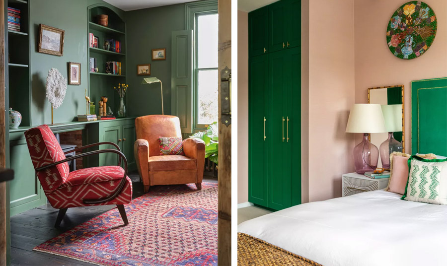 Πράσινο σαλόνι με εντοιχισμένα ράφια, πολυθρόνες και πολύχρωμο vintage χαλί // Απαλό ροζ, δυνατό πράσινο, και vintage λεπτομέρειες στην κρεβατοκάμαρα 