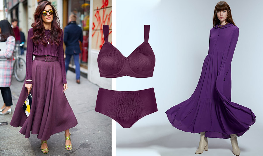 Οι σκούρες αποχρώσεις μοβ-μελιτζανί είναι ιδιαίτερα ελκυστικές και ταιριάζουν στις μελαχρινές // Σετ εσωρούχων στο χρώμα της μόδας, από τη νέα συλλογή Triumph // Ultra Violet απόχρωση για το μακρύ φόρεμα, Zara