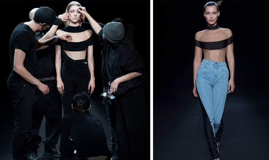 Σκηνή από το βίντεο // Το διάσημο μοντέλο Bella Hadid «ανοίγει» την παράσταση φορώντας ένα cut outs body με δίχρωμο τζιν παντελόνι