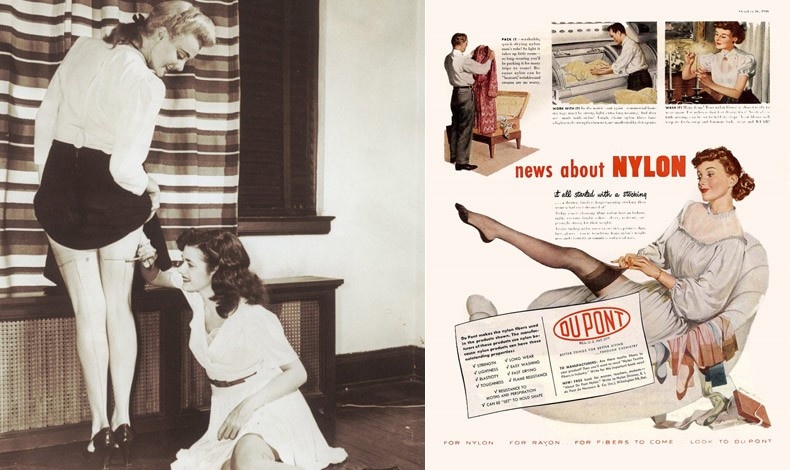 Κατά τη διάρκεια του Β' Παγκοσμίου Πολέμου οι γυναίκες σχημάτιζαν με μολύβι τη ραφή της αγαπημένης κάλτσας που? δεν υπήρχε! // Διαφήμιση της DuPont που προωθούσε τη μοναδική ανακάλυψή της για άνδρες και γυναίκες