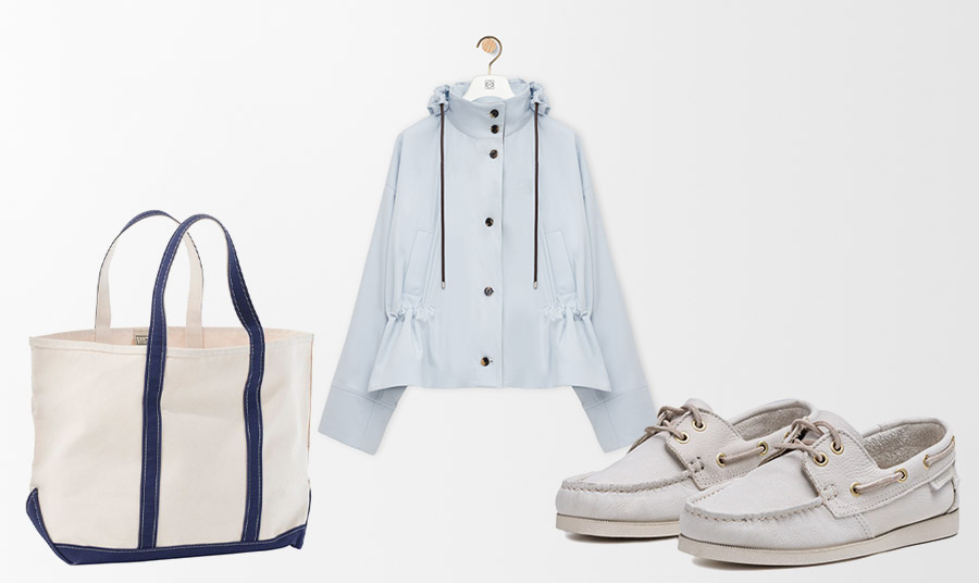 Τσάντα, Austin’s Shoes  // Αδιάβοχο, από τη συλλογή άνοιξη-καλοκαίρι 2026, Loewe // Παπούτσια ιστιοπλοΐας, Pomari Shoes 