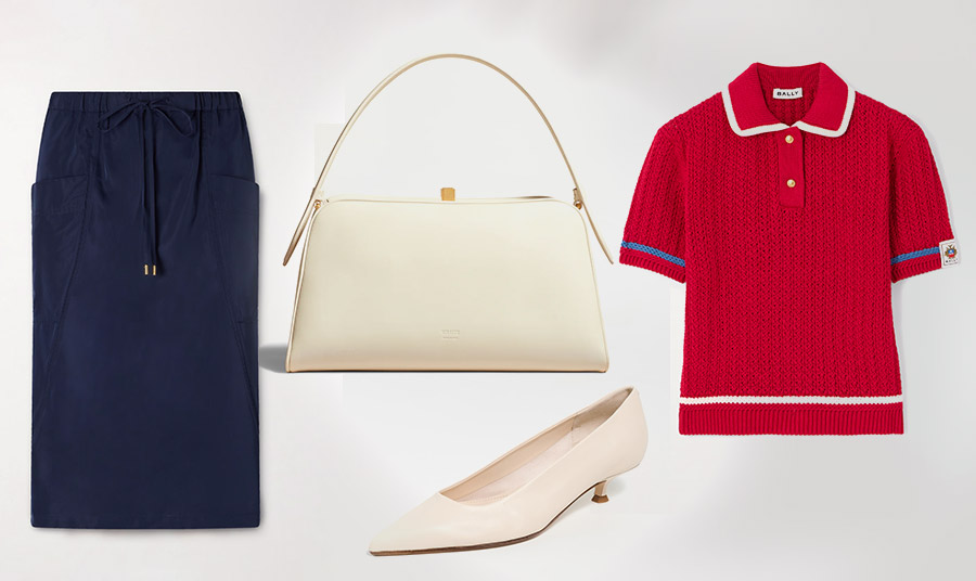 Από τις ανοιξιάτικες συλλογές: Φούστα σε γραμμή pencil, Alaia // Τσάντα, Khaite // Μπλούζα, Bally // Γόβα, Ayede