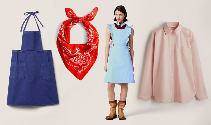 Μπλε ποδιά, Miu Miu // Μαντήλι, Madewell // Φόρεμα από τη συλλογή άνοιξη-καλοκαίρι, Miu Miu // Πουκάμισο, H&M