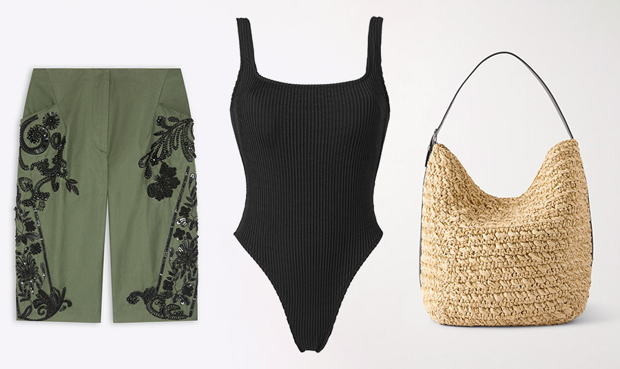 Κάπρι παντελόνι, Dries Van Noten // Μαγιό, Stefania Fragista // Τσάντα, Toteme 