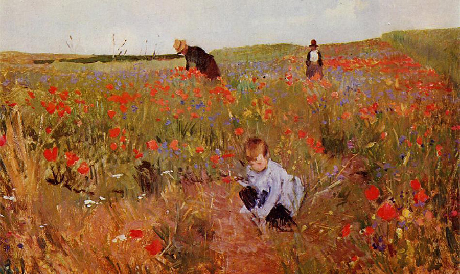 «Συλλέγοντας λουλούδια σε ένα λιβάδι» (Picking Flowers in a Field (γνωστός και ως Red Poppies ή Les Coquelicots) της Αμερικανίδας ζωγράφου του Ιμπρεσιονισμού, Mary Cassatt, 1875 PHOTO WIKIPEDIA 