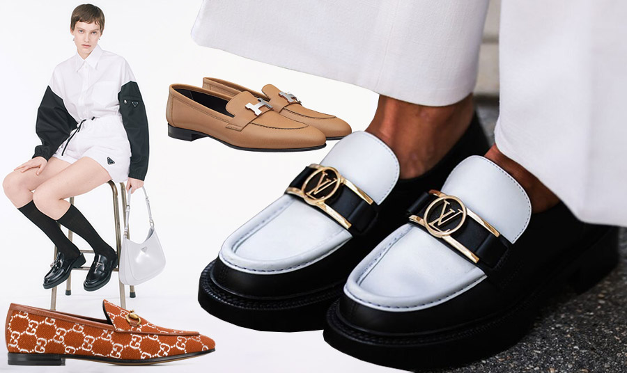 Τα ίσια παπούτσια είναι μία κλασική επιλογή αλλά τώρα έχουν πολλές εκδοχές. Σε ταμπά δέρμα, Hermes // Από ύφασμα με το διαχρονικό μοτίβο του οίκου, Gucci // Σε λευκό και μαύρο με χρυσές λεπτομέρειες, Louis Vuitton