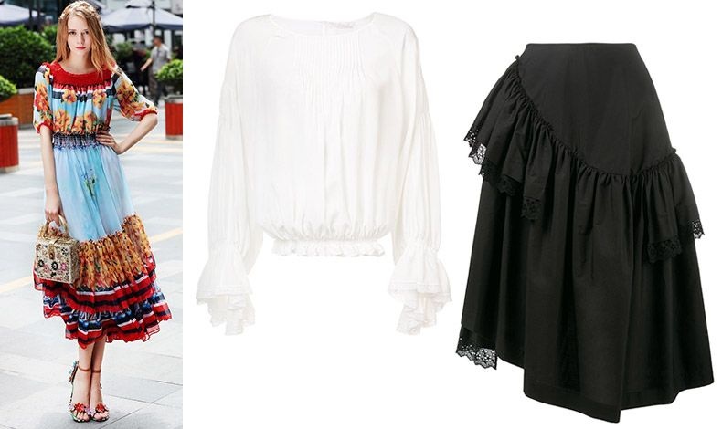 To νοσταλγικό λουκ σε μία κομψή εκδοχή, Magento // Λευκή μπλούζα, Chloe // Μαύρη φούστα με βολάν, Simone Rochas