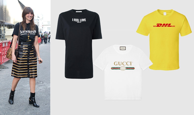 Τ-shirt με λογότυπο από την τελευταία κολεξιόν Vetements // Το κύκνειο άσμα του Riccardo Tisci για τον Givenchy περιέχει και ένα ιδιαίτερο τοπ «Ι feel love» // Το T-shirt Gucci που μοιάζει με κομμάτι-μαϊμού. Θα δίνατε περίπου 500 ευρώ για να το αποκτήσετε; // Το κλασικό τοπ DHL των Vetements