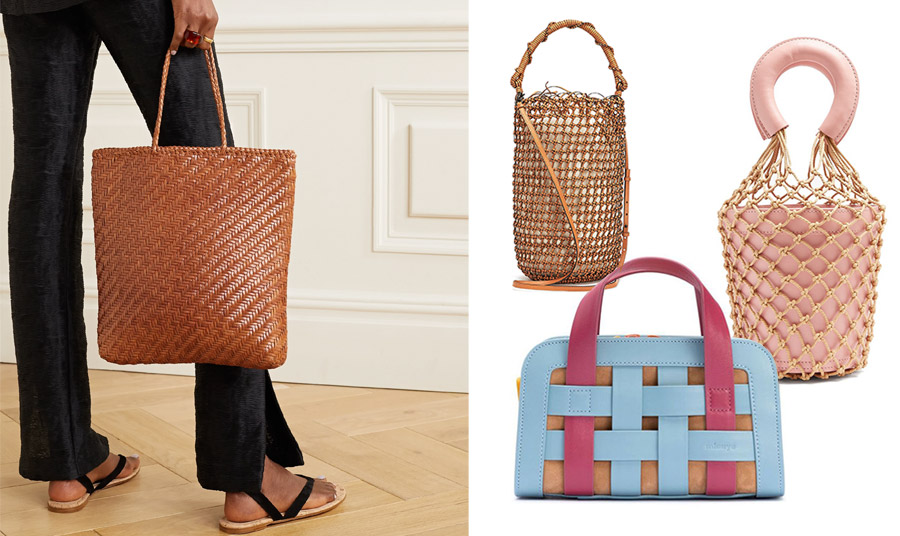 Κλασική πλεκτή tote bag, Dragon Diffusion // Σε σχήμα πουγκί, Loewe // Επίσης σε σχήμα πουγκί με σε ροζ και χρυσό δίχτυ, Staud // Πλεκτή από λωρίδες δέρματος σε γαλάζιο-φούξια-μπεζ, Mlouye