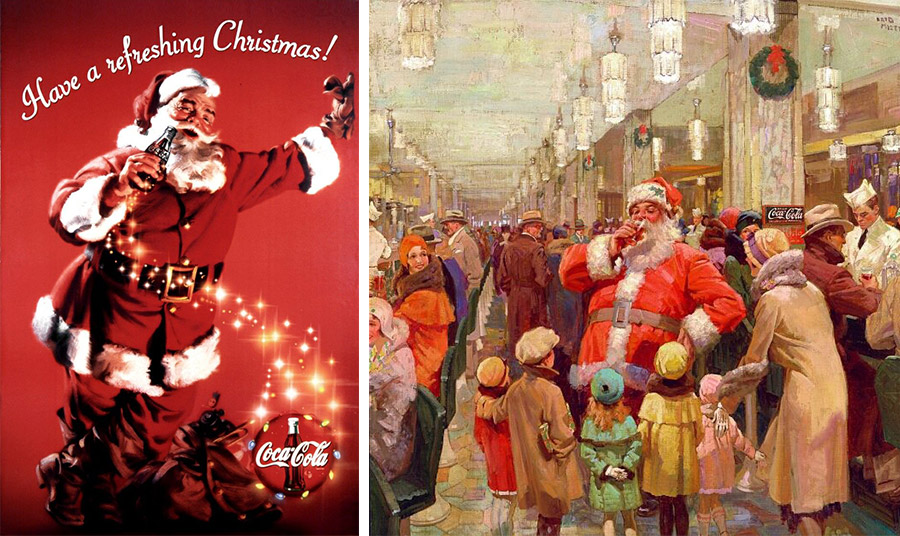 Παλιά διαφήμιση της Coca Cola PHOTO VIA PINTEREST // Το 1930, ο καλλιτέχνης Fred Mizen ζωγράφισε έναν Άγιο Βασίλη σε ένα πολυκατάστημα μέσα σε ένα πλήθος που έπινε ένα μπουκάλι Coca-Cola. Η διαφήμιση παρουσίαζε το μεγαλύτερο σιντριβάνι αναψυκτικού στον κόσμο, το οποίο βρισκόταν στο πολυκατάστημα Famous Barr Co. στο Σεντ Λούις του Μιζούρι