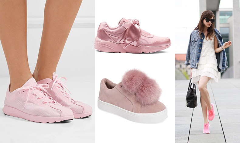 Παστέλ ροζ, Νike // Από τη συλλογή της Rihanna με την Puma // Με γούνινα φουντάκια, Sam Edelman // Ένα λευκό φόρεμα, τζιν σακάκι και τα ροζ sneakers σας!