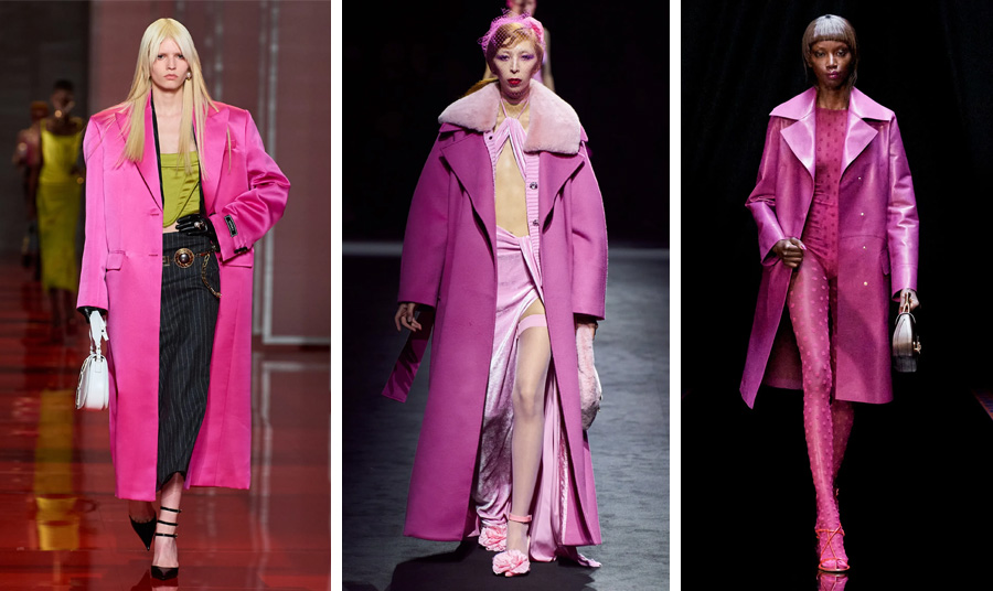 Από τα show σε Παρίσι και Μιλάνο για τη φετινή σεζόν: Ογκώδες σατέν μαντό, Versace // Μάξι παλτό με γούνα, Blumarine // Γυαλιστερό πανωφόρι σε total pink look, Lanvin
