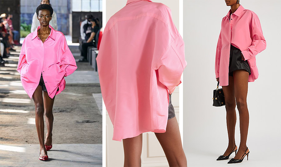 Το ροζ-φούξια μεταξωτό υπερμεγέθες πουκάμισο του Valentino εντυπωσίασε τόσο με τον όγκο του, όσο και με την «αστραφτερή» απόχρωση του φούξια σε γυαλιστερό μετάξι συνδυασμένο με ένα δερμάτινο σορτς