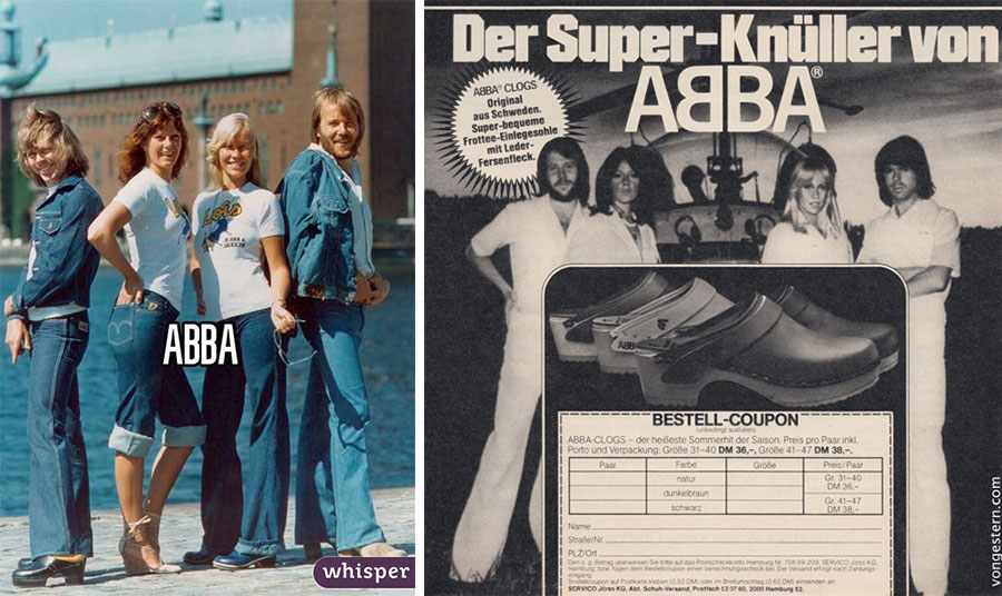 Το διάσημο σουηδικό συγκρότημα ABBA έφερε τα ξύλινα σαμπό στη μόδα τη δεκαετία του 1970 // Διαφήμιση με τα σαμπό των ΑΒΒΑ το 1979 στη Γερμανία