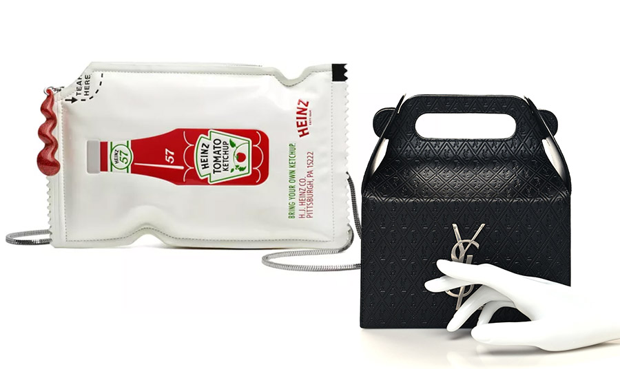 Μικρό τσαντάκι με έμπνευση από την κέτσαπ Heinz, Kate Spade // Μικρή τσάντα σε «συσκευασία» φαγητού, Saint Laurent